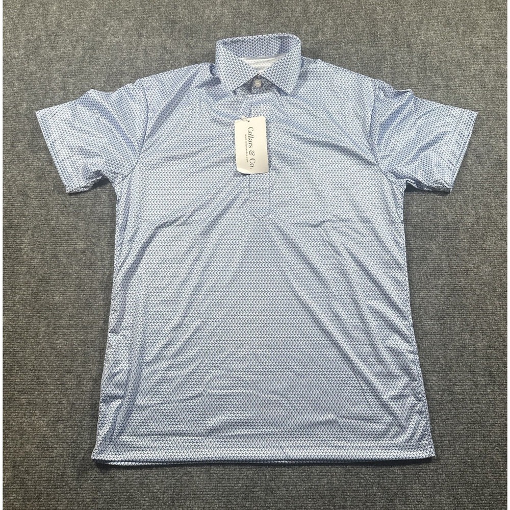 Collars & Co Men's Small White Blue Geometric Dress Collar Polo Stretch NWT